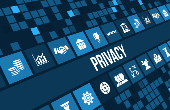 Privacy concept image with business icons and copyspace.